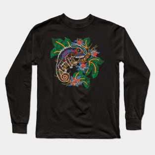 PSYCHEDELIC TRIPPY HORROR VACUI ANIMAL CHAMELEON ON BRANCH - full colour Long Sleeve T-Shirt